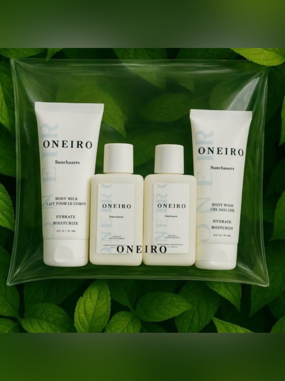 ONEIRO Shampoo, Conditioner, Body Wash, Lotion, Clear Bag 5 pc set, Retail $75